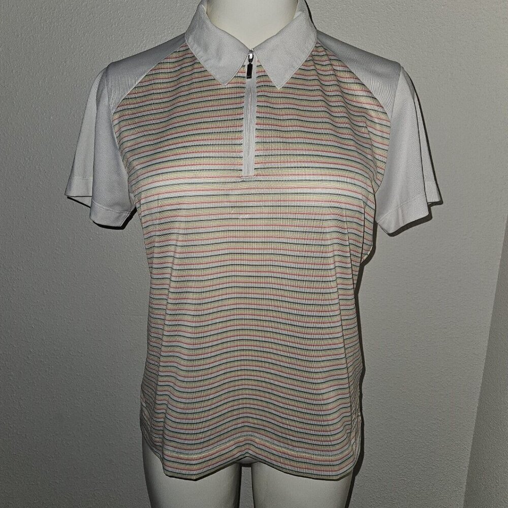 NIKE Golf Dri-Fit Womens Polo Shirt Size Medium 8-10 Striped Green Yellow White